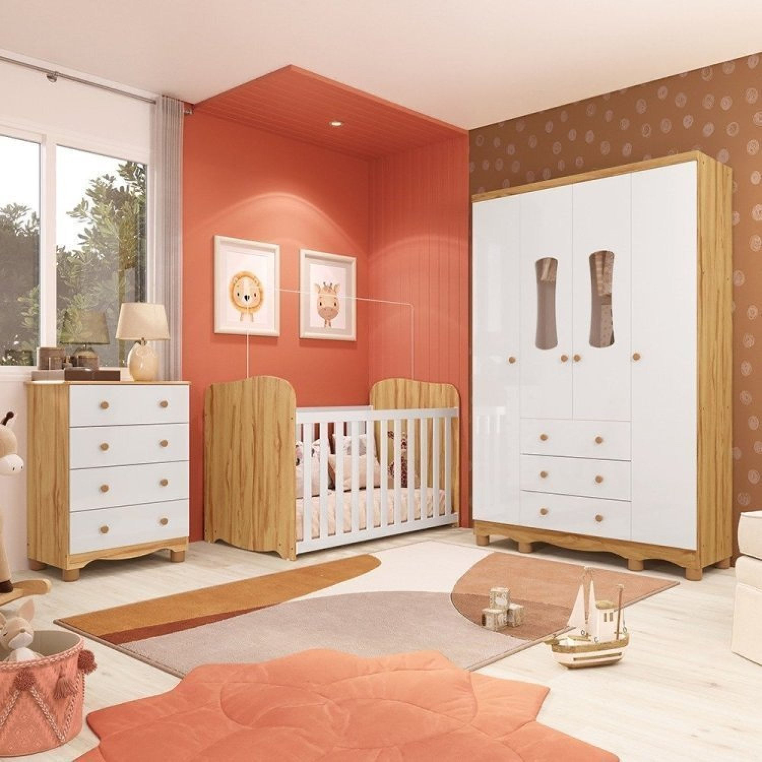 Encontraproduto.com.br - Quarto De Bebê Completo Guarda Roupas 4 Portas Janeladas Cômoda Com 4 Gavetas E Berço 100% Mdf Lana Branco