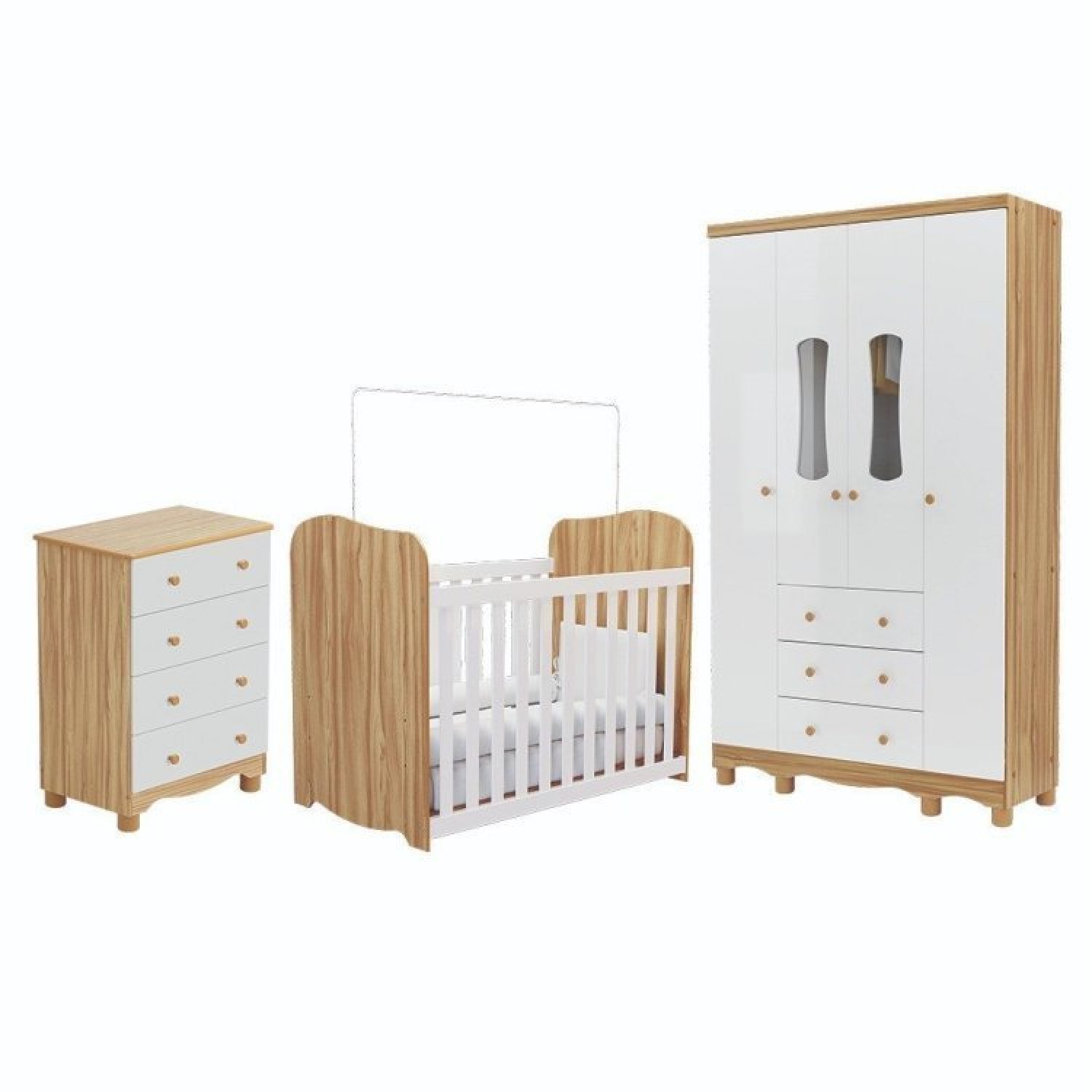 Quarto De Bebê Completo Guarda Roupas 4 Portas Janeladas Cômoda Com 4 Gavetas E Berço 100% Mdf Lana Branco