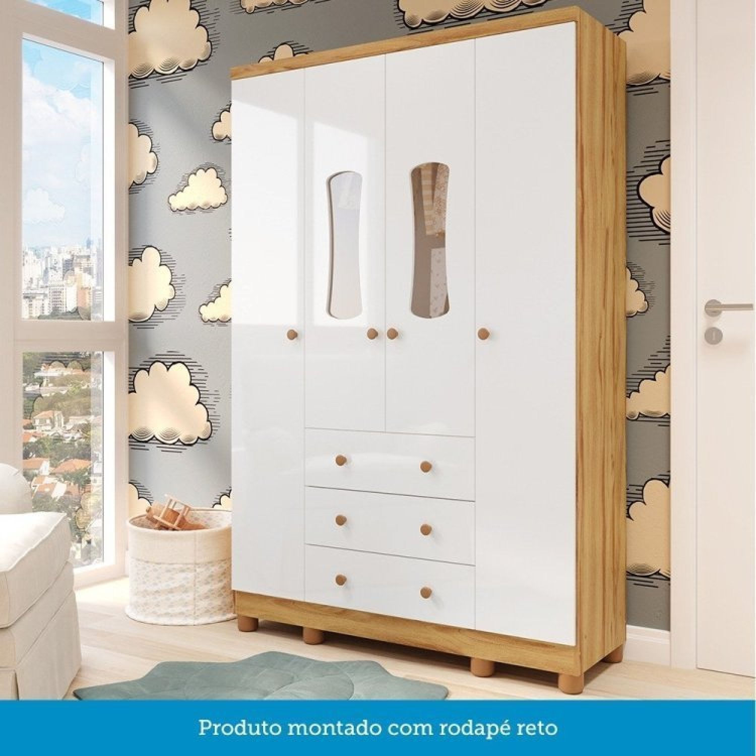 Encontraproduto.com.br - Quarto De Bebê Completo Guarda Roupas 4 Portas Janeladas Cômoda Com 4 Gavetas E Berço 100% Mdf Lana Branco