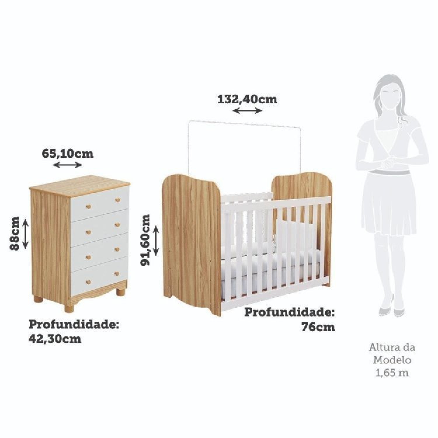 Encontraproduto.com.br - Quarto de Bebê com Cômoda 4 Gavetas e Berço Mimo 100% Mdf Branco Brilho/Amêndoa