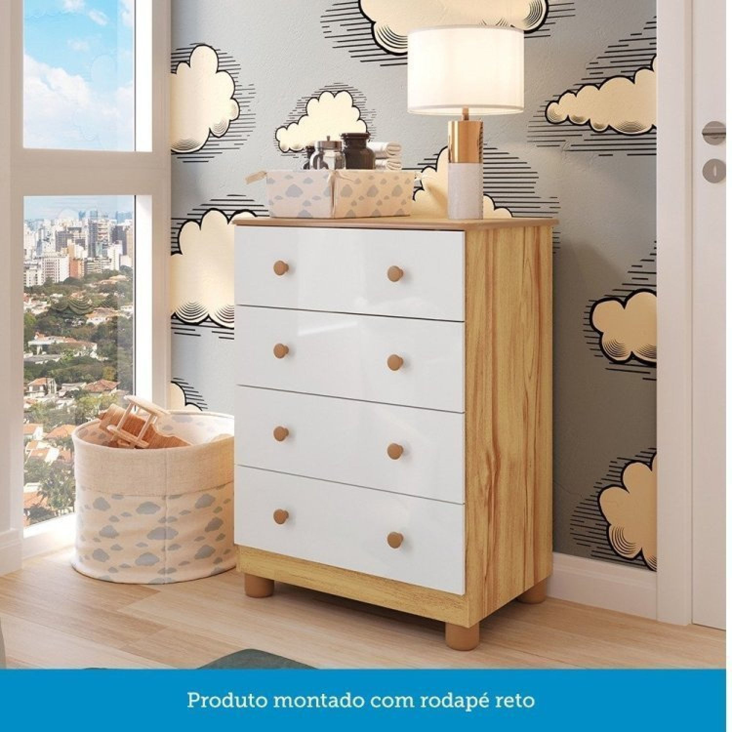 Encontraproduto.com.br - Quarto de Bebê com Cômoda 4 Gavetas e Berço Mimo 100% Mdf Branco Brilho/Amêndoa