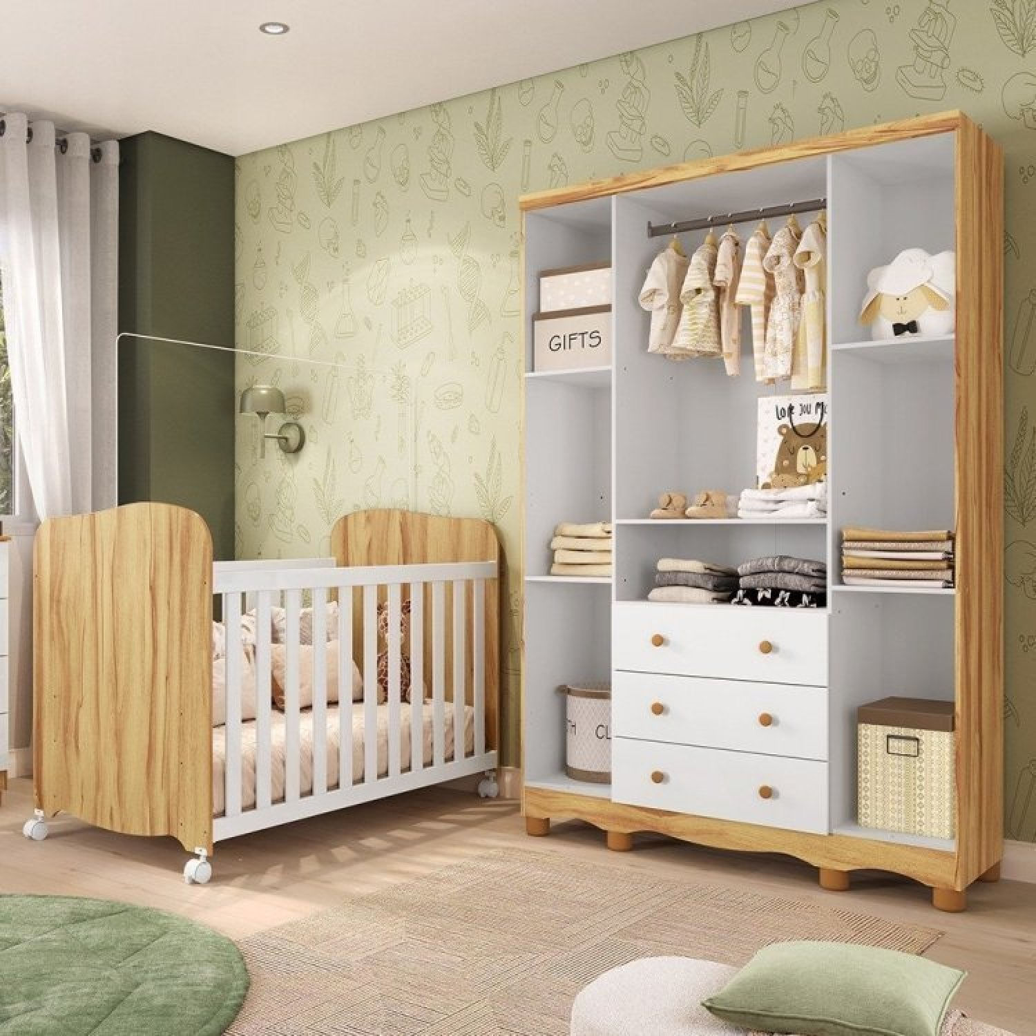 Encontraproduto.com.br - Quarto De Bebê Com Guarda Roupas 4 Portas E Berço Com Rodízio Mimo 100% Mdf Branco Brilho/amêndoa