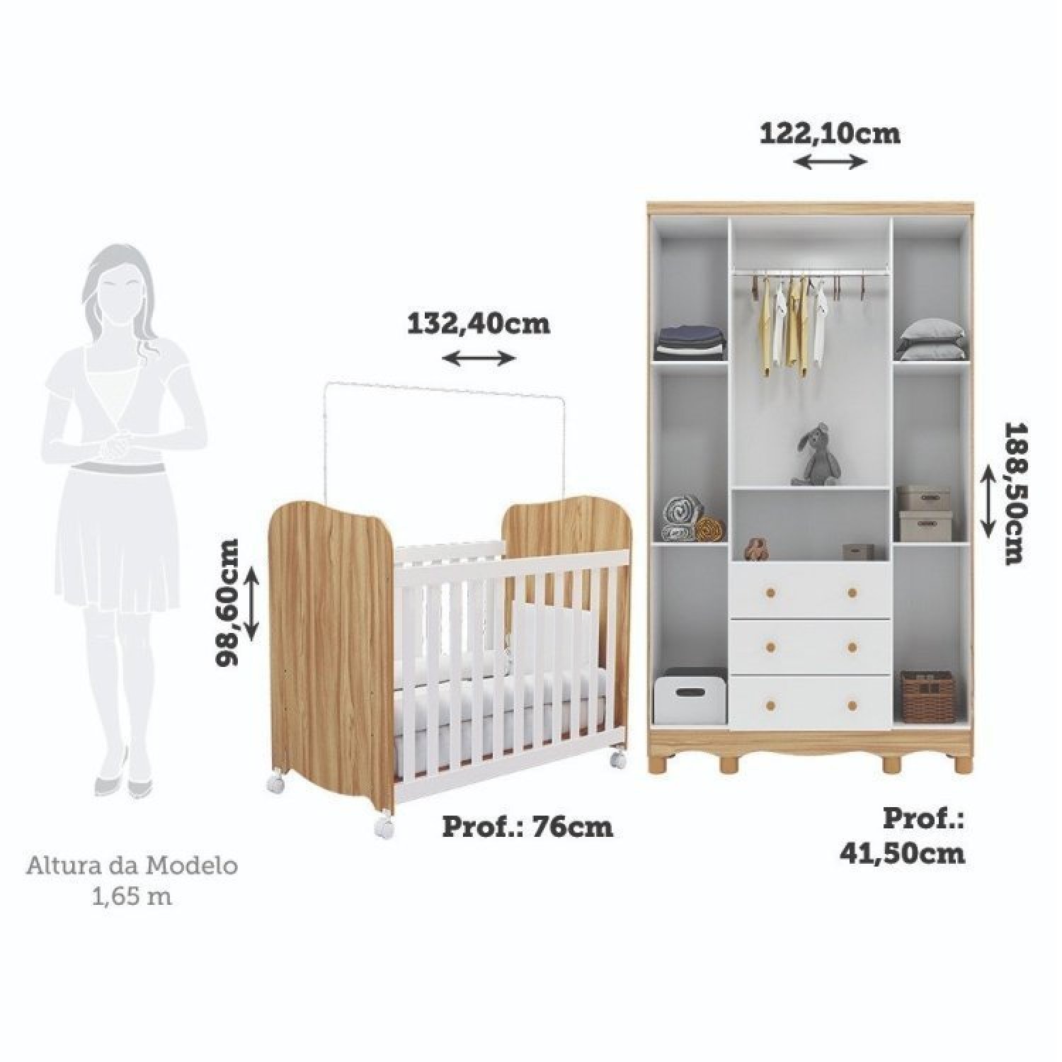 Encontraproduto.com.br - Quarto De Bebê Com Guarda Roupas 4 Portas E Berço Com Rodízio Mimo 100% Mdf Branco Brilho/amêndoa
