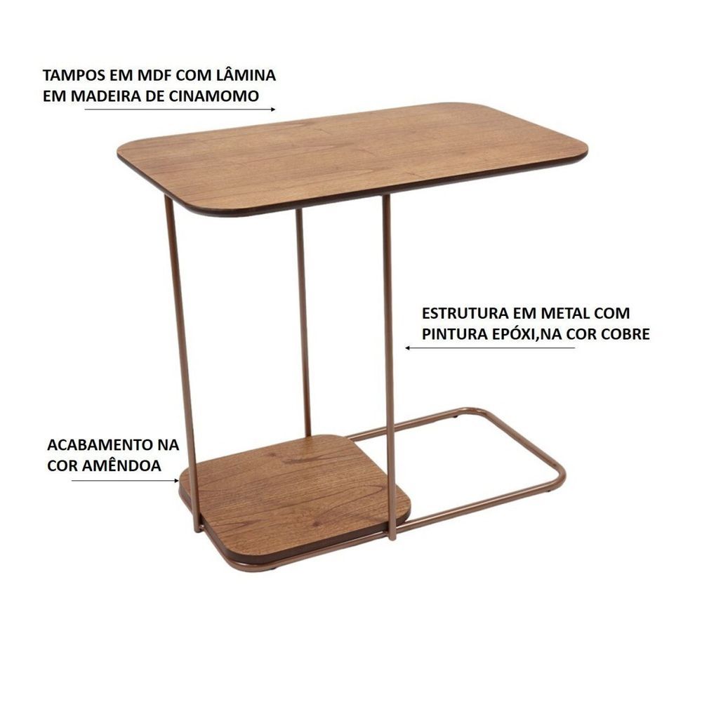 Encontraproduto.com.br - Mesa Apoio Sofá Onix Metal E Madeira Amêndoa-cobre