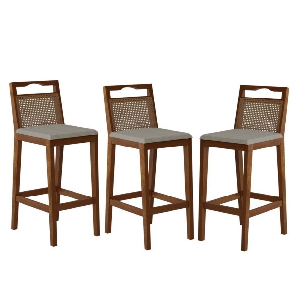 Conjunto Com 3 Banquetas Madeira Maciça Rattan Vittoria Pinhão