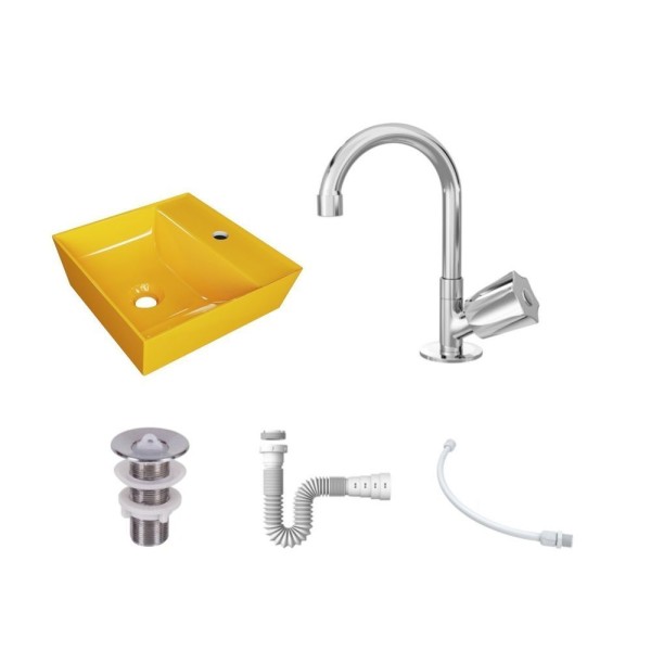 Encontraproduto.com.br - Kit Cuba Aq33 Volcano Com Torneira C50 E Válvula Abs Com Sifão E Flexível Amarelo