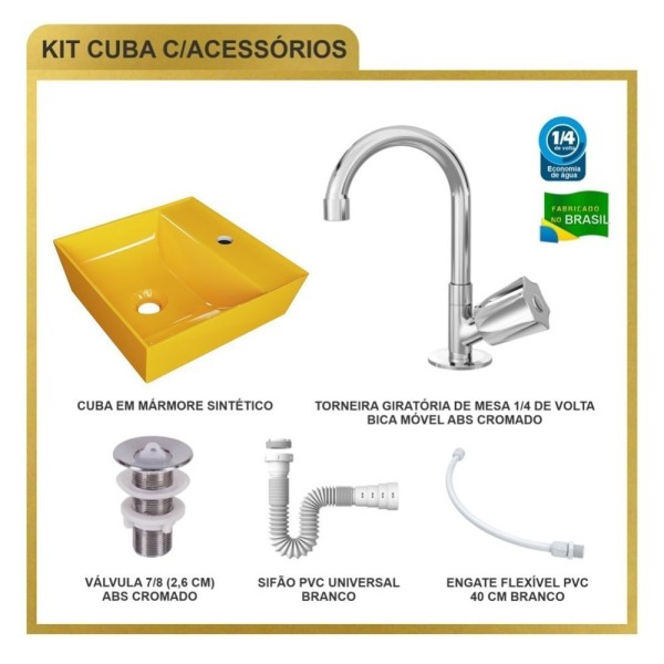 Encontraproduto.com.br - Kit Cuba Aq33 Volcano Com Torneira C50 E Válvula Abs Com Sifão E Flexível Amarelo
