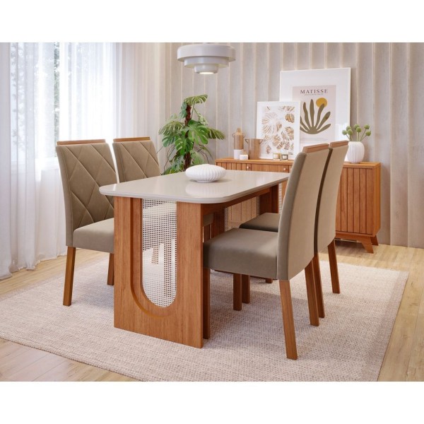 Sala De Jantar Valentina 130cm Com 4 Cadeiras Fernanda Wood Cinamomo/off White/madeira/joli