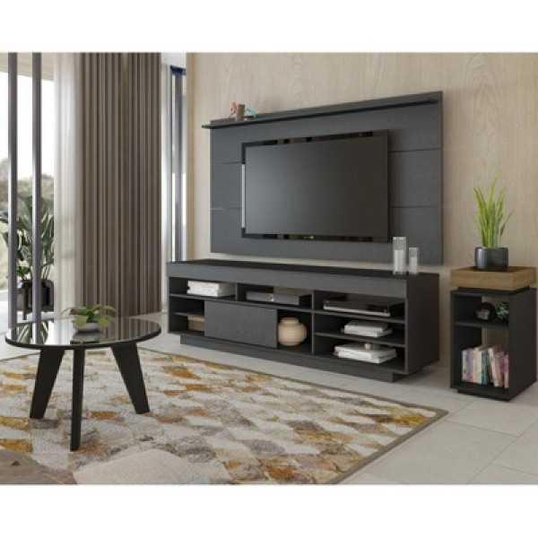 Encontraproduto.com.br - Conjunto Sala De Estar Rack Com Painel Para Tv Até 60 Pol Com Mesa De Centro E Mesa De Apoio Treviso Preto