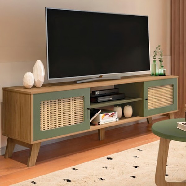Encontraproduto.com.br - Conjunto Sala De Estar Rack Para Tv Até 75 Pol Com Led E Mesa De Centro Lucca Com Mesa De Apoio Chic Pinho/off White