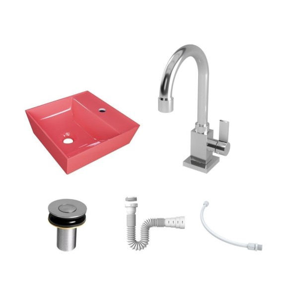 Encontraproduto.com.br - Kit Cuba Aq33 Volcano Com Torneira Luxo E Válvula Botão Com Sifão E Flexível Rosa