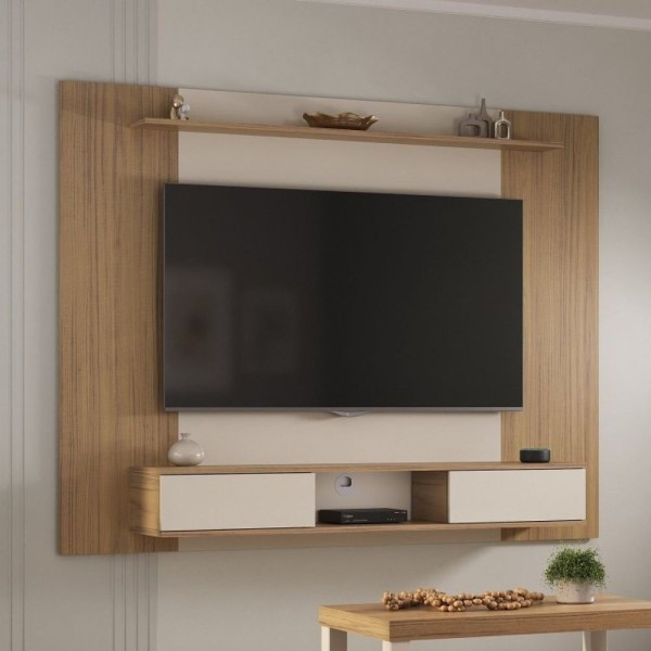 Encontraproduto.com.br - Conjunto Sala De Estar Painel Para Tv Até 65 Polegada Nevada Com Mesa De Centro E Mesa De Apoio Sky Carvalho-off White