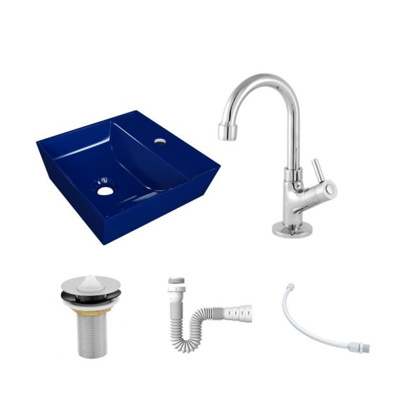 Encontraproduto.com.br - Kit Cuba Aq33 Volcano Com Torneira 1198 E Válvula Metal Com Sifão E Flexível Azul Escuro