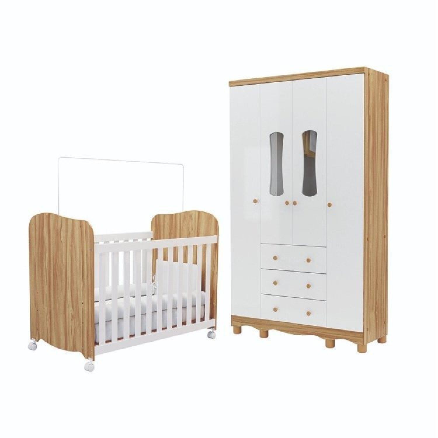 Encontraproduto.com.br - Quarto de Bebê Guarda Roupas 4 Portas 3 Gavetas e Berço Espresso Móveis Branco Brilho/Amêndoa
