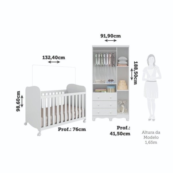 Encontraproduto.com.br - Quarto de Bebê com Guarda Roupas 3 Portas 3 Gavetas e Berço Espresso Móveis Branco Brilho