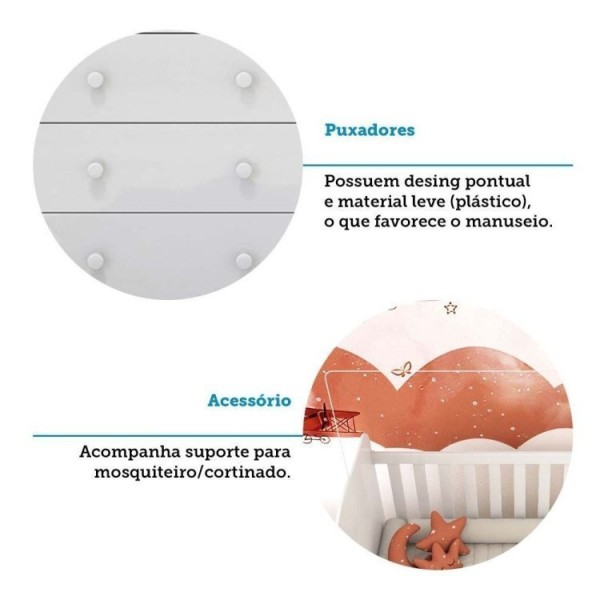 Encontraproduto.com.br - Quarto de Bebê com Guarda Roupas 3 Portas 3 Gavetas e Berço Espresso Móveis Branco Brilho
