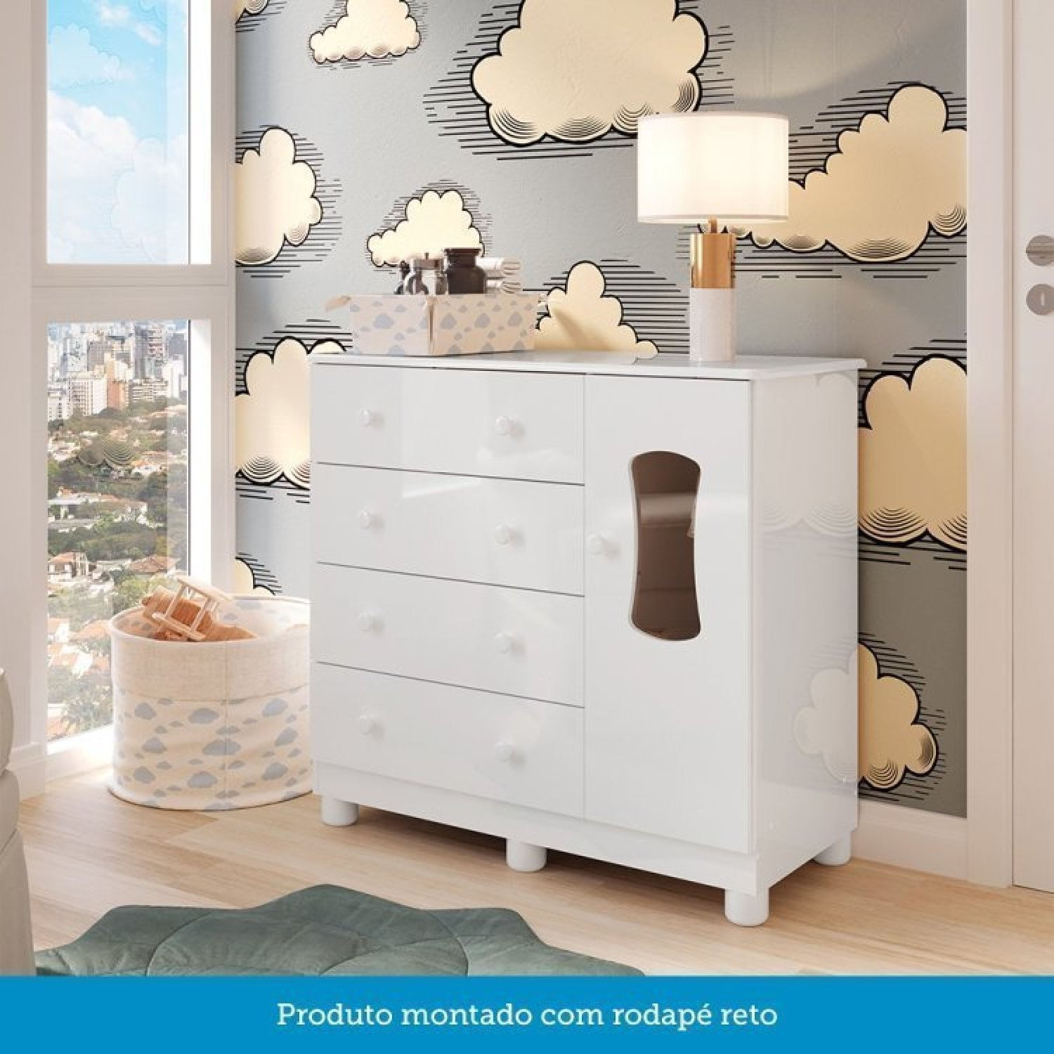 Encontraproduto.com.br - Quarto De Bebê Cômoda 1 Porta Com Janela E 4 Gavetas E Berço Espresso Móveis Branco Brilho