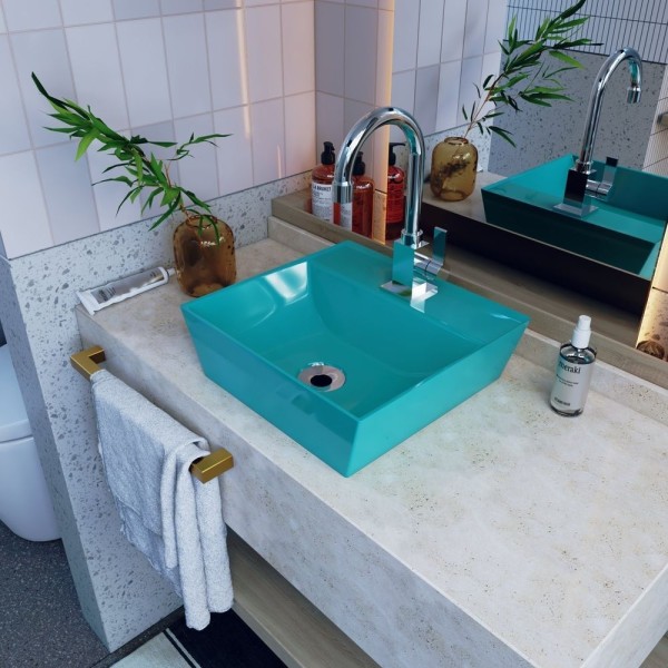 Encontraproduto.com.br - Kit Cuba Aq33 Volcano Com Torneira Luxo E Válvula Metal Com Sifão E Flexível Azul Turquesa
