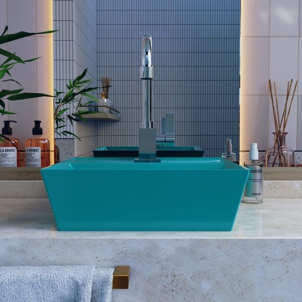 Encontraproduto.com.br - Kit Cuba Aq33 Volcano Com Torneira Luxo E Válvula Metal Com Sifão E Flexível Azul Turquesa