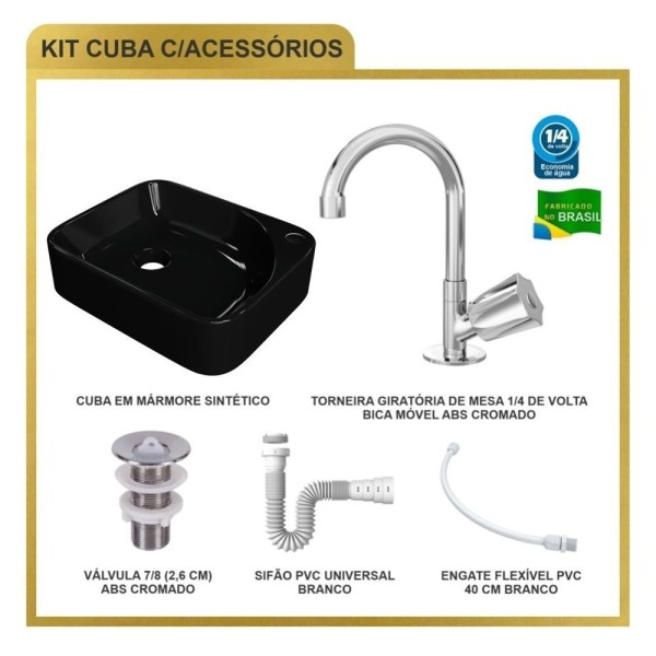 Encontraproduto.com.br - Kit Cuba Ro36 Cross Com Torneira C50 E Válvula Abs Com Sifão E Flexível Preto