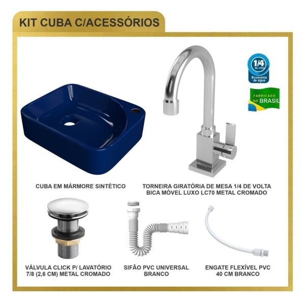 Encontraproduto.com.br - Kit Cuba Ro36 Cross Com Torneira Luxo E Válvula Click Com Sifão E Flexível Azul Escuro
