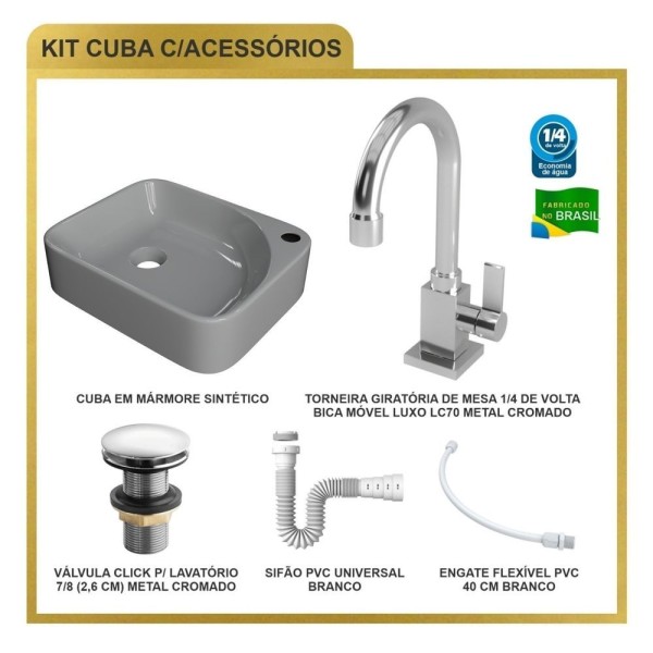 Encontraproduto.com.br - Kit Cuba Ro36 Cross Com Torneira Luxo E Válvula Click Com Sifão E Flexível Cinza