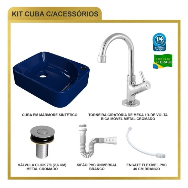 Encontraproduto.com.br - Kit Cuba Ro36 Cross Com Torneira 1198 E Válvula Botão Com Sifão E Flexível Azul Escuro