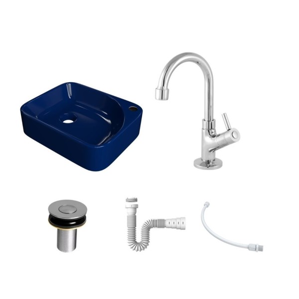Encontraproduto.com.br - Kit Cuba Ro36 Cross Com Torneira 1198 E Válvula Botão Com Sifão E Flexível Azul Escuro