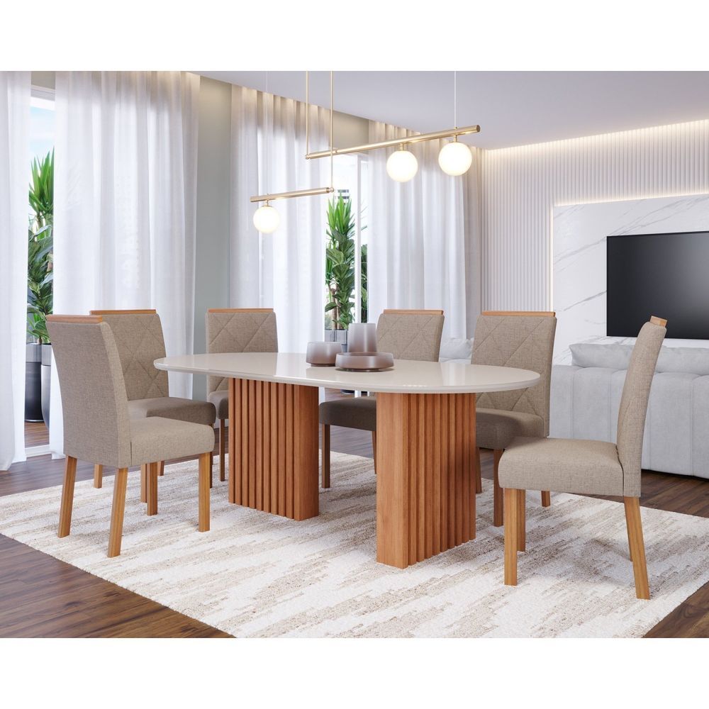 Sala De Jantar Ester 210cm Oval Com 6 Cadeiras Fernanda Wood Cinamomo-off White-mad-bege