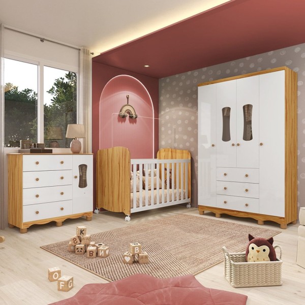 Encontraproduto.com.br - Quarto de Bebê Completo Guarda Roupas Cômoda 3 Portas Janeladas e Berço com Rodizio 100% Mdf Lana Es Branco Brilho/Amêndoa