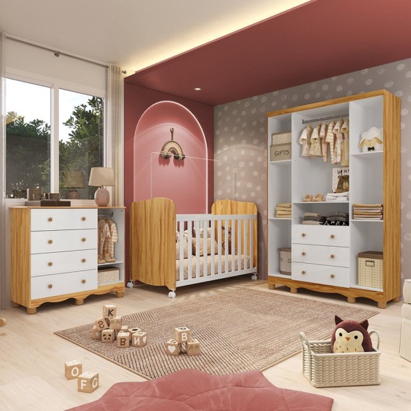 Encontraproduto.com.br - Quarto de Bebê Completo Guarda Roupas Cômoda 3 Portas Janeladas e Berço com Rodizio 100% Mdf Lana Es Branco Brilho/Amêndoa