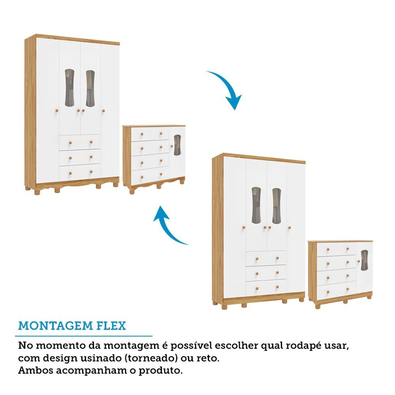 Encontraproduto.com.br - Quarto de Bebê Completo Guarda Roupas Cômoda 3 Portas Janeladas e Berço com Rodizio 100% Mdf Lana Es Branco Brilho/Amêndoa
