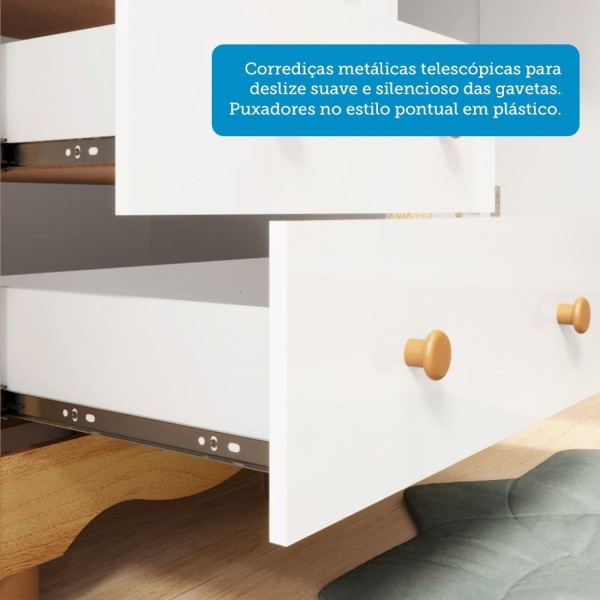 Encontraproduto.com.br - Quarto de Bebê Completo Guarda Roupas Cômoda 3 Portas Janeladas e Berço com Rodizio 100% Mdf Lana Es Branco Brilho/Amêndoa