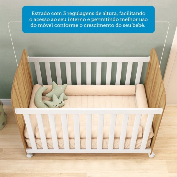 Encontraproduto.com.br - Quarto de Bebê Completo Guarda Roupas Cômoda 3 Portas Janeladas e Berço com Rodizio 100% Mdf Lana Es Branco Brilho/Amêndoa
