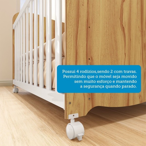 Encontraproduto.com.br - Quarto de Bebê Completo Guarda Roupas Cômoda 3 Portas Janeladas e Berço com Rodizio 100% Mdf Lana Es Branco Brilho/Amêndoa