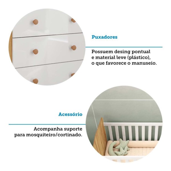 Encontraproduto.com.br - Quarto de Bebê Completo Guarda Roupas Cômoda 3 Portas Janeladas e Berço com Rodizio 100% Mdf Lana Es Branco Brilho/Amêndoa