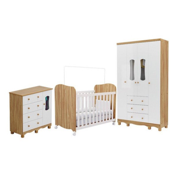 Encontraproduto.com.br - Quarto de Bebê Completo Guarda Roupas Cômoda 3 Portas Janeladas e Berço com Rodizio 100% Mdf Lana Es Branco Brilho/Amêndoa