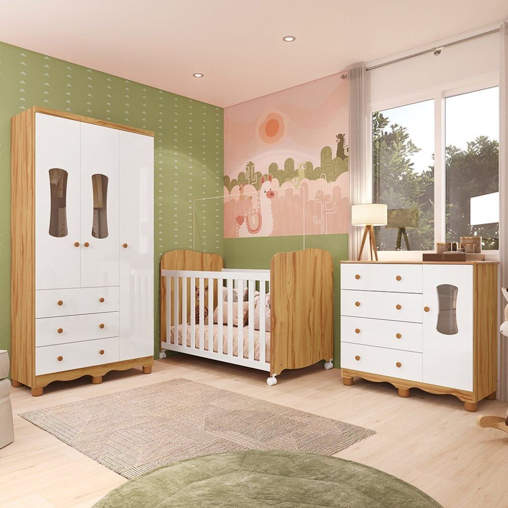 Quarto De Bebê Completo Com Guarda Roupas 3 Portas Cômoda E Berço Com Rodizio 100% Mdf Lana Espresso Branco