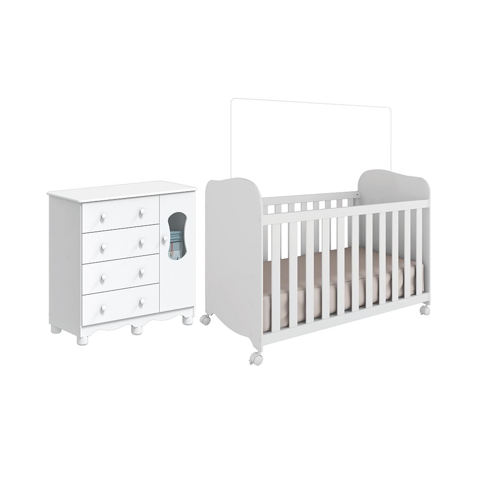 Encontraproduto.com.br - Quarto De Bebê Cômoda Com 1 Porta Janelada E Berço Com Rodízios 100% Mdf Lana Espresso Móveis Branco Brilho