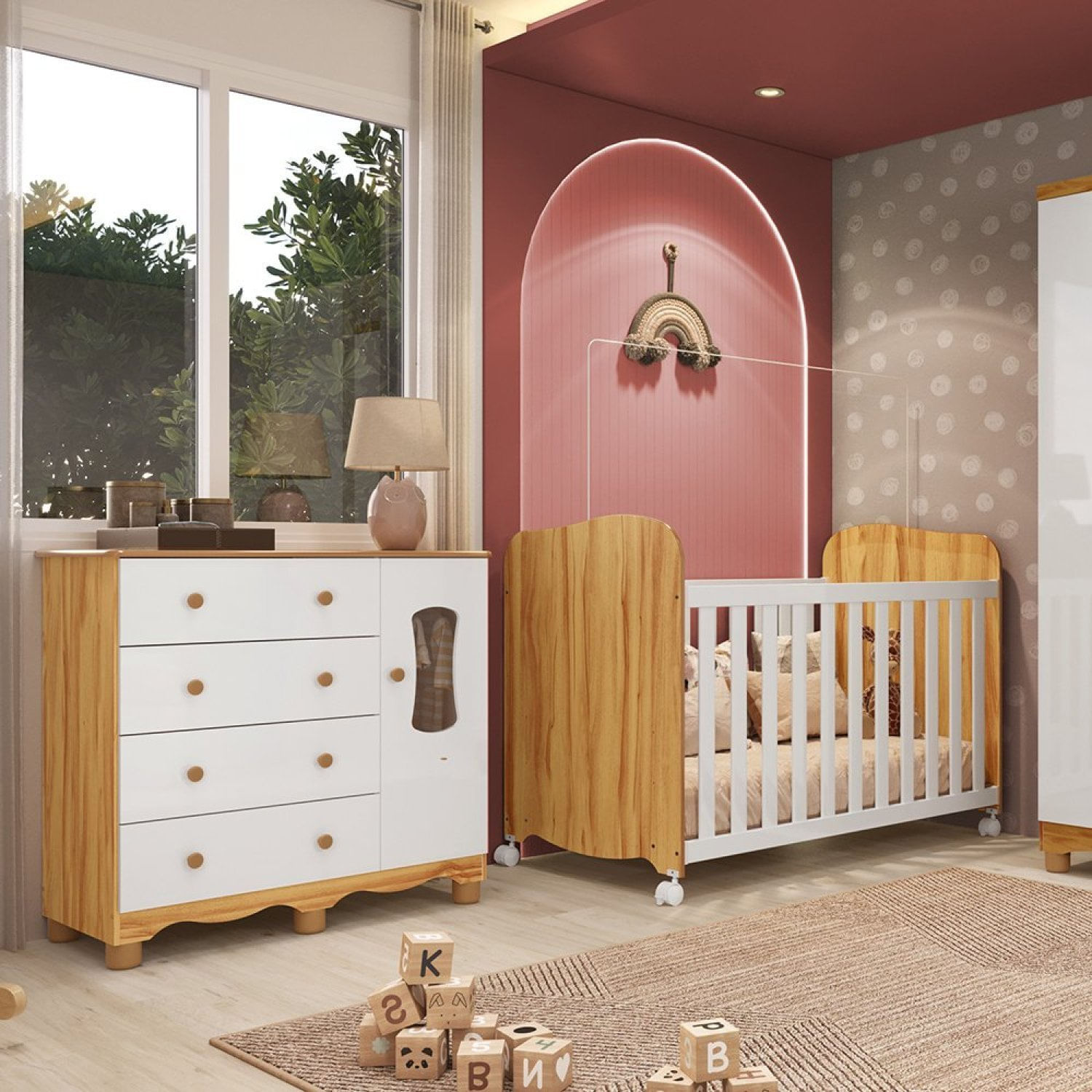 Encontraproduto.com.br - Quarto De Bebê Cômoda Com 1 Porta Janelada E Berço Com Rodízios 100% Mdf Lana Espresso Móveis Branco