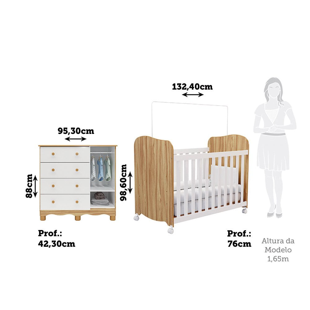 Encontraproduto.com.br - Quarto De Bebê Cômoda Com 1 Porta Janelada E Berço Com Rodízios 100% Mdf Lana Espresso Móveis Branco