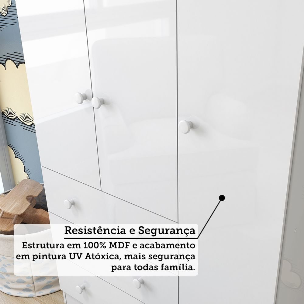 Encontraproduto.com.br - Quarto Infantil Guarda Roupas 3 Portas Cômoda 4 Gavetas Mimo 100% Mdf Espresso Móveis Branco Brilho