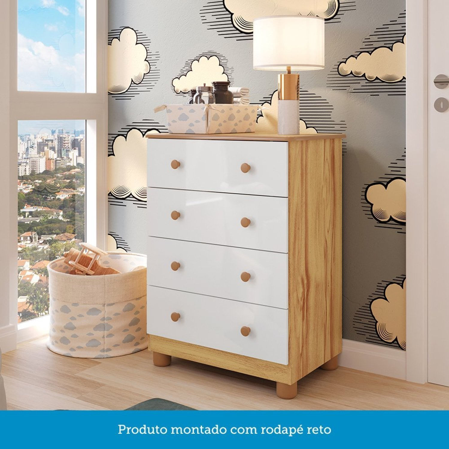 Encontraproduto.com.br - Quarto de Bebê Cômoda 4 Gavetas e Berço com Rodizio Mimo 100% Mdf Espresso Móveis Branco Brilho/Amêndoa