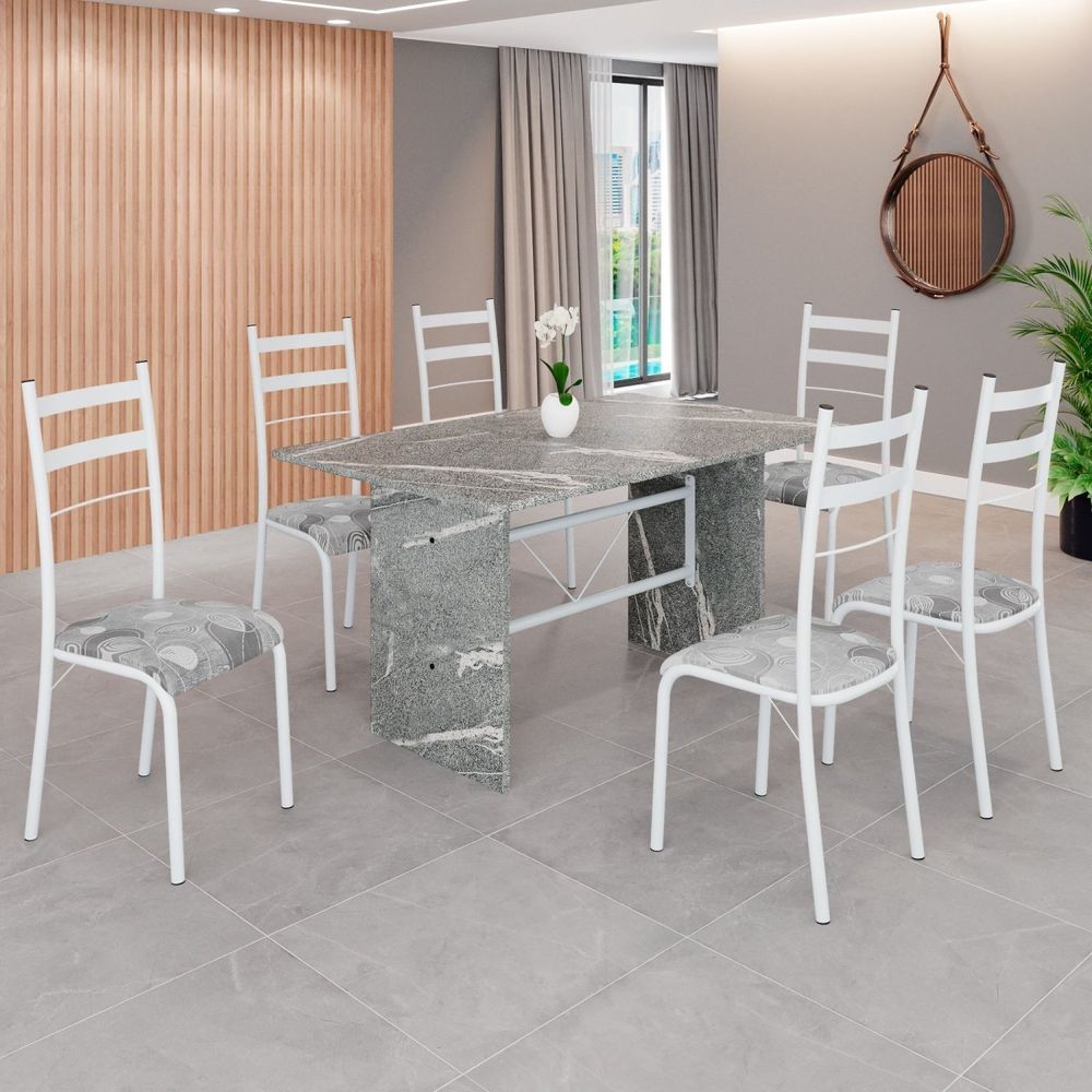 Conjunto Sala De Jantar Mesa Retangular 140x75cm Tampo Granito Topázio 6 Cadeiras Marselha Paraopeba / Branco