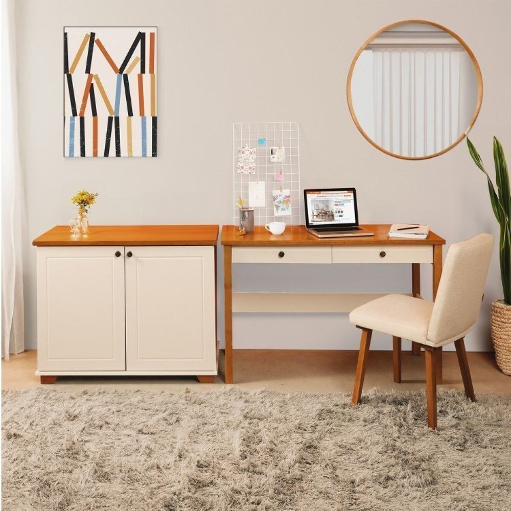 Conjunto Home Office 1 Mesa 120cm 2 Gavetas 1 Armário 2 Portas Ananda Cabecasa Madeiramadeira Off White-mel