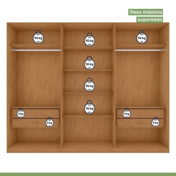Encontraproduto.com.br - Guarda-roupa Caleb 246cm 3 Portas 4 Gavetas 6 Prateleiras Amendoa Clean-off White-amêndoa Off White