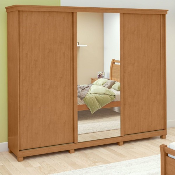 Guarda-roupa Caleb 276cm 3 Portas 6 Gavetas 6 Prateleiras 1 Porta Glass Com Pés Amendoa Clean-off White-amêndoa Off