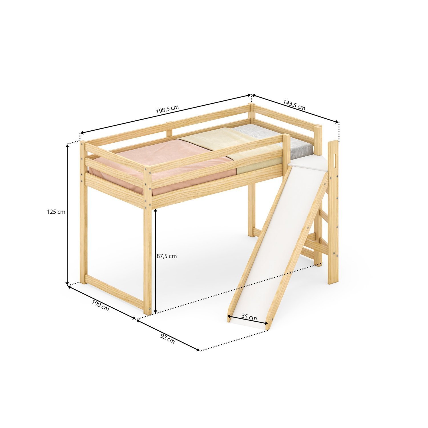 Cama Alta Infantil Divertida Com Escorregador Transversal Casatema Branco-natural