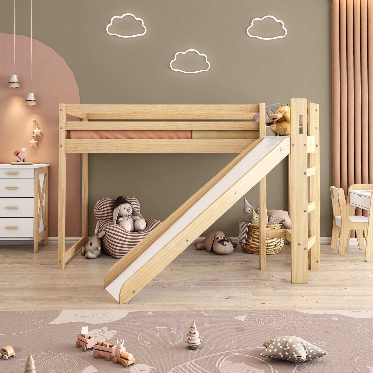 Encontraproduto.com.br - Cama Alta Infantil Divertida Com Escorregador Transversal Casatema Branco-natural