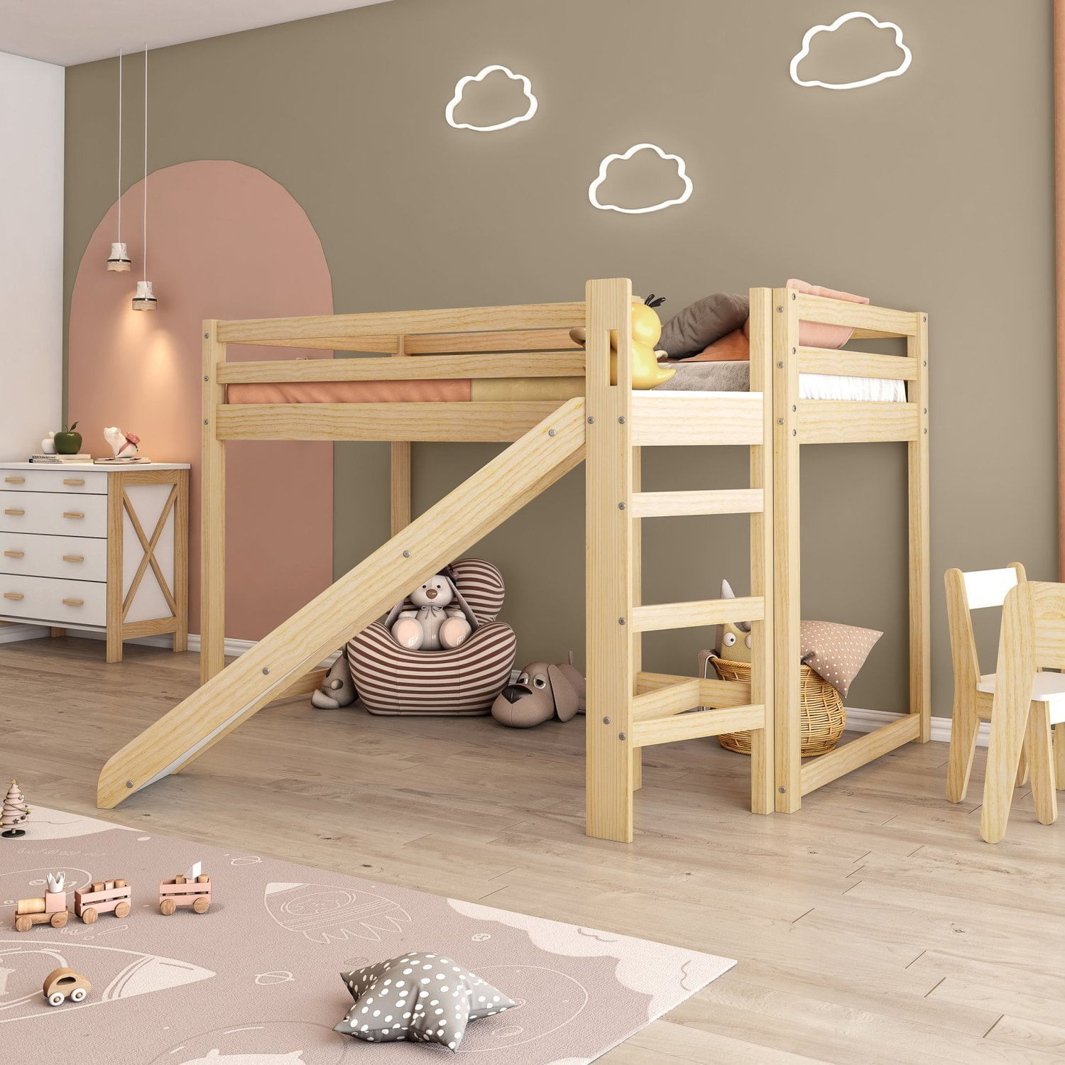 Encontraproduto.com.br - Cama Alta Infantil Divertida Com Escorregador Transversal Casatema Branco-natural